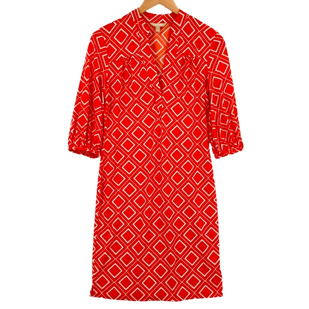 Banana Republic 3/4 Sleeve Midi Dress Orange-Red White Geometric Print XS